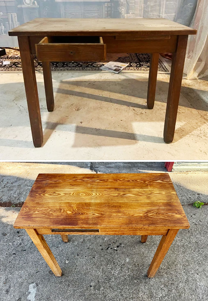 Before and after furniture flipping transformation showing a wooden table refinished by furniture flipping pros.