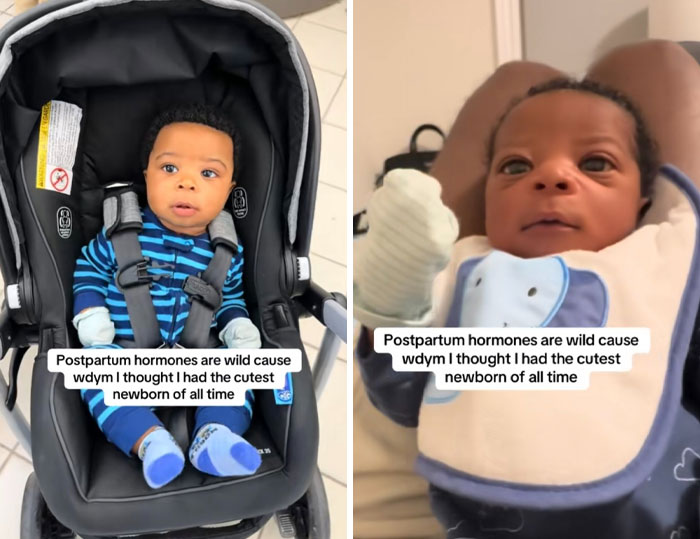 Two images of a newborn baby, highlighting postpartum hormones and women sharing experiences about their newborns.