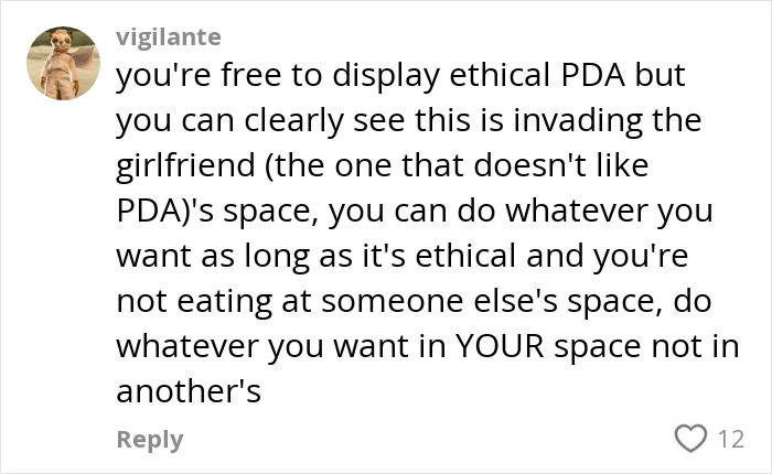 Comment discussing respectful boundaries of PDA on plane, reflecting passenger fumes over disrespectful PDA act.