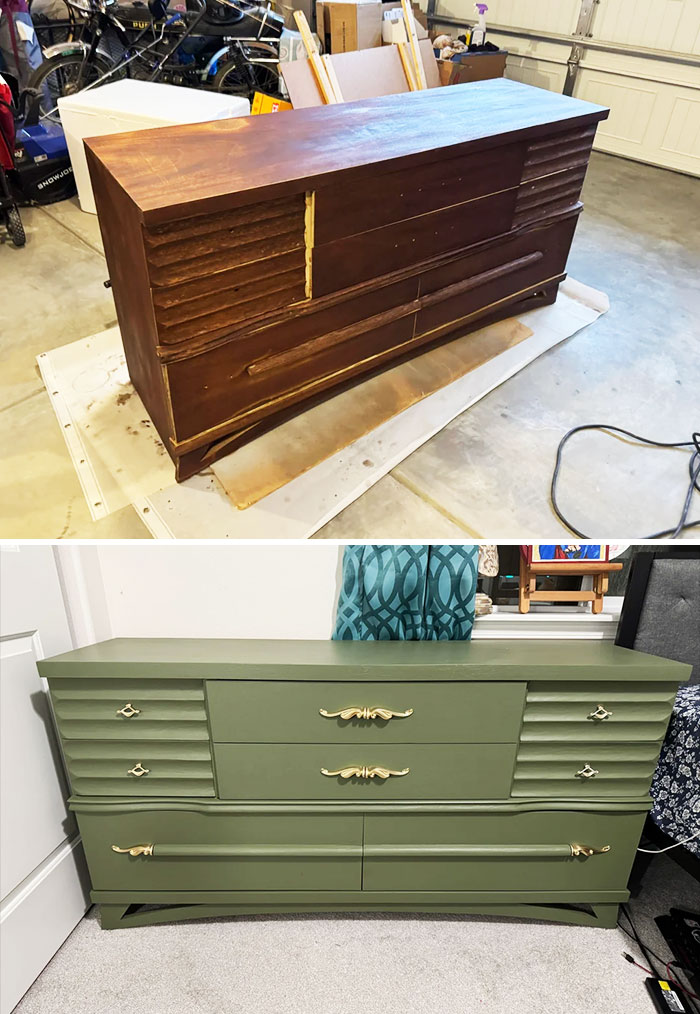 Before and after photos of furniture flipping pros transforming a vintage wooden dresser to a stylish green piece with gold handles.