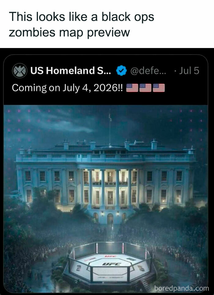 UFC octagon set up in front of the White House at night with a large crowd, a nerdy and weird meme concept.