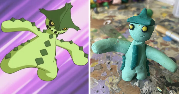 Side-by-side comparison of a well-made Pokémon and a poorly-made favorite Pokémon clay figure with simple details.