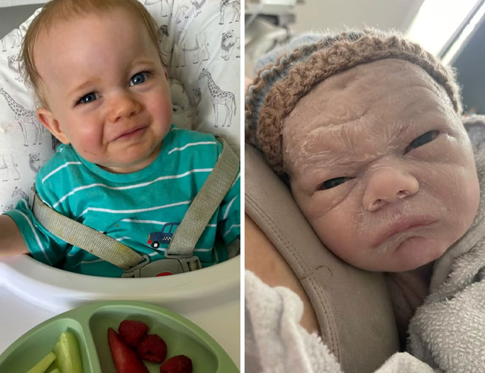 Side-by-side images of a smiling toddler and a newborn illustrating postpartum hormones in women.