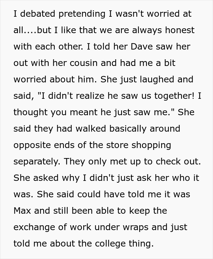 Text excerpt about a best friend who saw girlfriend with another man causing worry and email checking discussion.