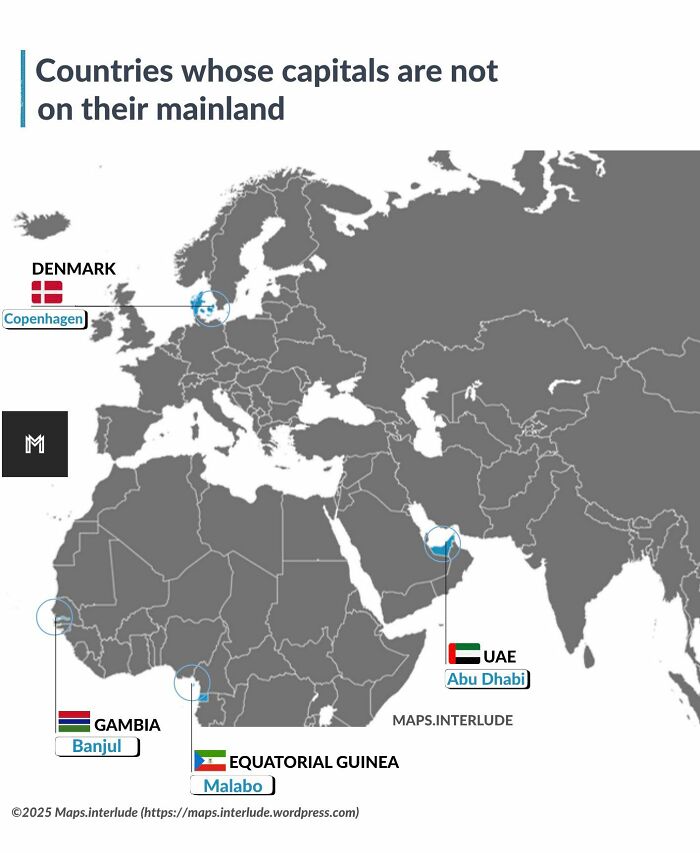 Map showing countries whose capitals are not on their mainland, featuring data and infographics from Simon Shows You Maps.