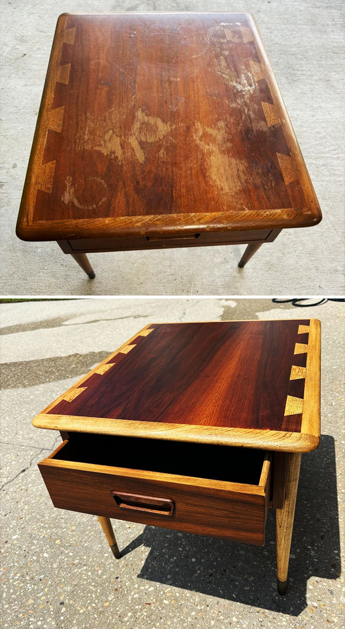 Before and after images of a furniture flipping project showing a restored wooden table with polished surface and open drawer.