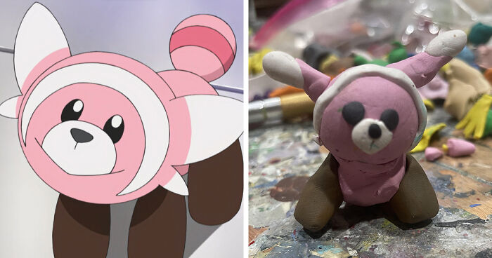 Side-by-side comparison of a Pokémon character and a poorly-made favorite Pokemons clay figure on a messy craft table.