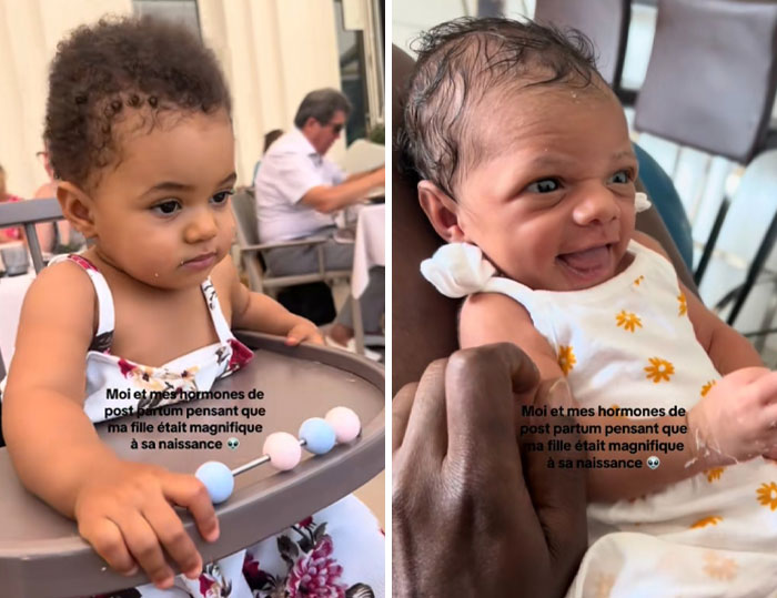 Two babies shown side by side illustrating women calling out their postpartum hormones and newborn perceptions.