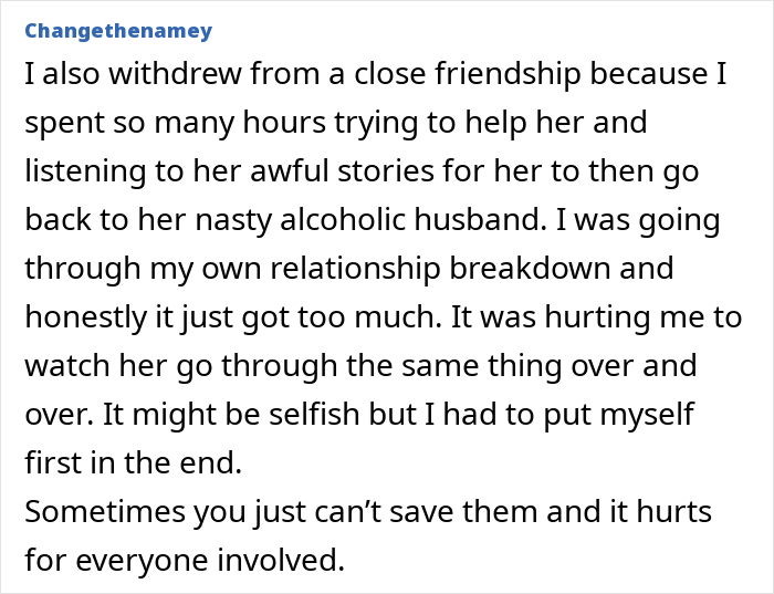 User text discussing cutting off a friend who stayed in an abusive marriage to protect their own well-being and mental health.