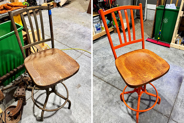 Old wooden chair before and after furniture flipping with vibrant orange paint, showcasing furniture flipping pros skills.