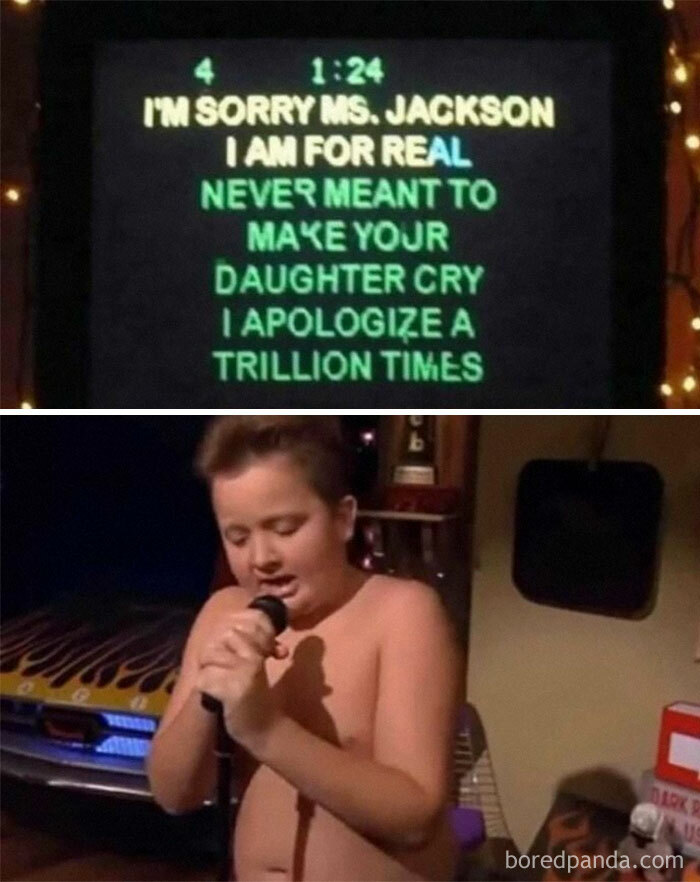 Boy singing karaoke shirtless with a humorous karaoke screen, fitting the style of nerdy and weird memes.