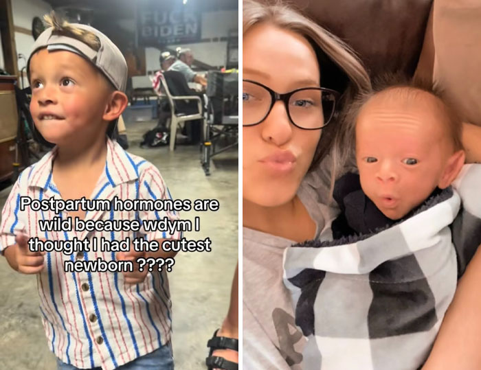 Young toddler boy indoors and woman with newborn baby, highlighting postpartum hormones and motherhood emotions.