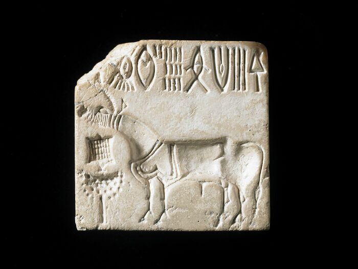 Ancient carved stone tablet depicting a bull and mysterious symbols, an intriguing artifact tied to interesting mysteries.