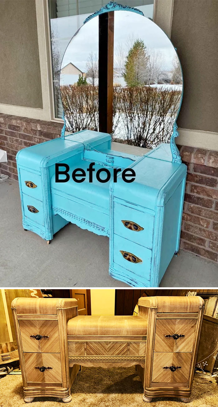 Before and after images of a furniture flipping project transforming a blue dresser into a natural wood finish piece.