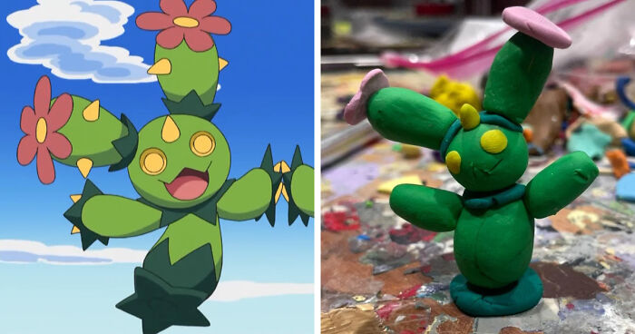 Clay figure of a favorite Pokemon character with a poorly-made, rough appearance on a messy art surface.