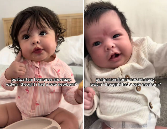 Two babies sitting and wearing pajamas, with captions about postpartum hormones and newborn cuteness.