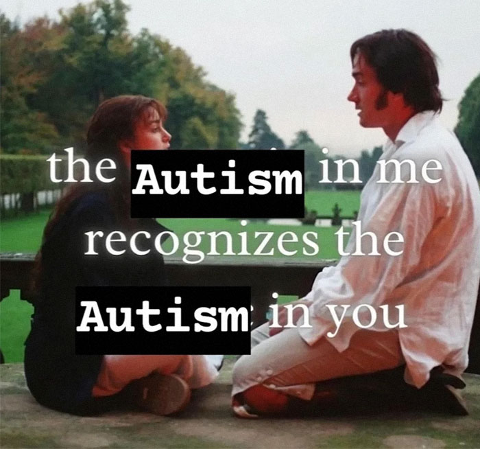 Two people sitting by a railing in a misty park with text about recognizing autism, featured in nerdy memes.