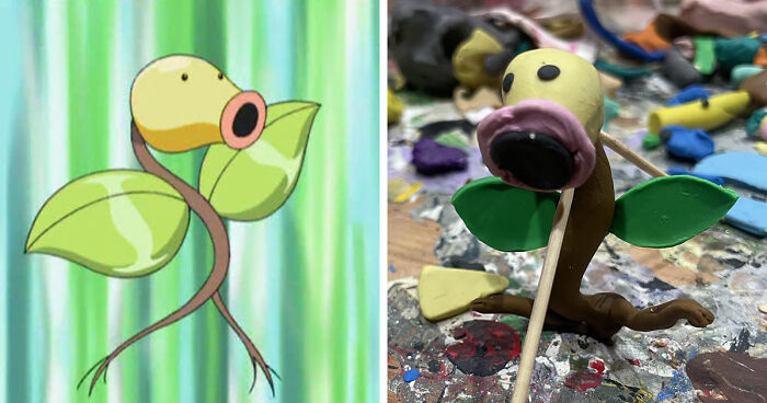 Comparison of a poorly-made clay model and original cartoon version of a favorite Pokemon with leaves and yellow head.