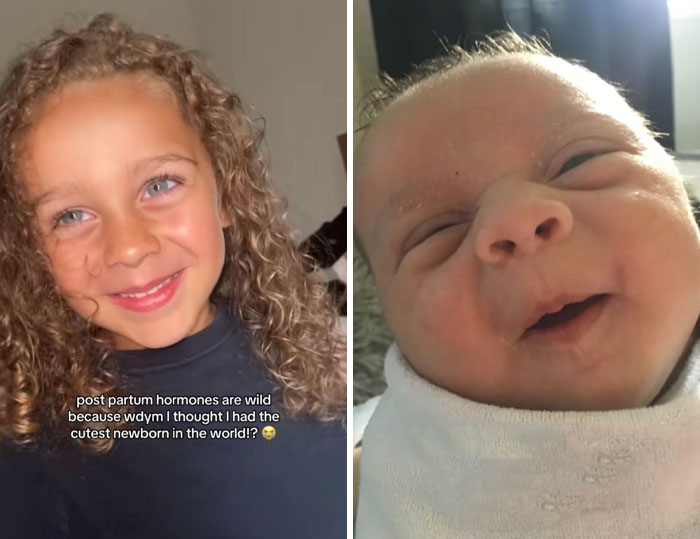 Young woman with curly hair smiling alongside a close-up of a newborn, highlighting postpartum hormones effects.
