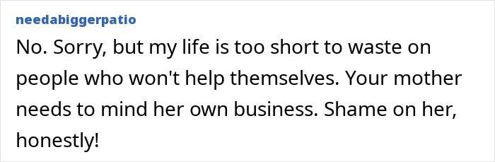 User comment rejecting involvement with a friend who stayed in an abusive marriage, expressing frustration and boundary setting.