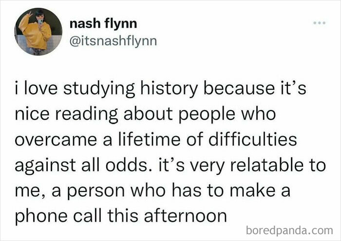 Funny tweet about studying history and overcoming difficulties, perfect for sharing with your circle of idiots for laughs.