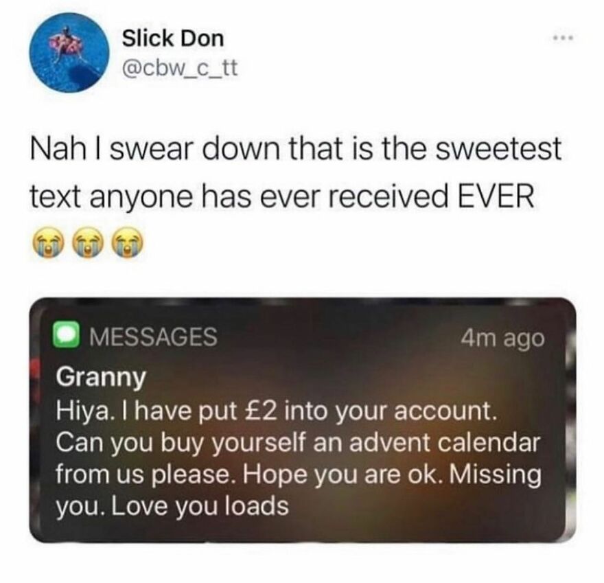 Text message from Granny sending £2 to buy an advent calendar, featured in memes for British humor.