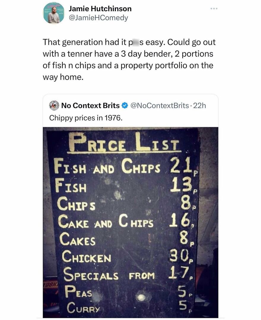 Tweet about 1976 chippy prices with a vintage chalkboard menu, showcasing British humor and nostalgia memes.
