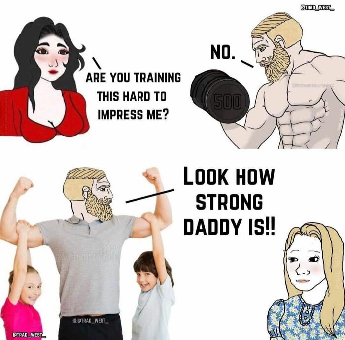 Cartoon gym memes showing a muscular man lifting weights and kids admiring his strength with funny gym humor.