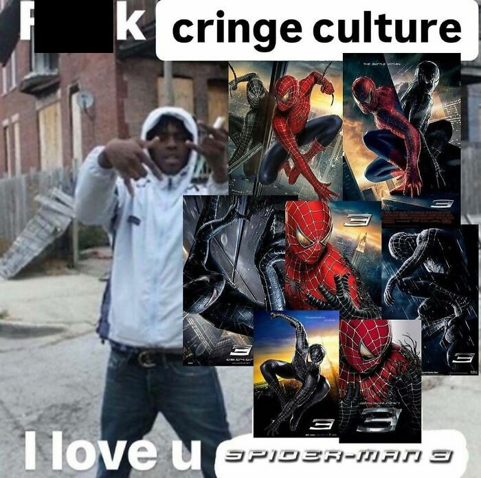 Person posing outdoors with multiple Spider-Man 3 movie posters, highlighting nerdy and weird memes about cringe culture.
