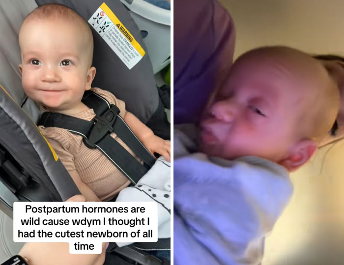 Baby in car seat smiling while mom shares a video about women calling out their postpartum hormones and newborns.