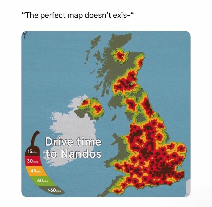 Heat map of the UK showing drive time to Nandos with colors indicating travel time, illustrating British humor and memes.