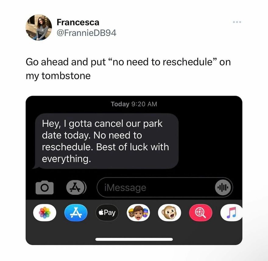 Text message screenshot with a humorous cancellation note, showcasing British humor in everyday conversations.