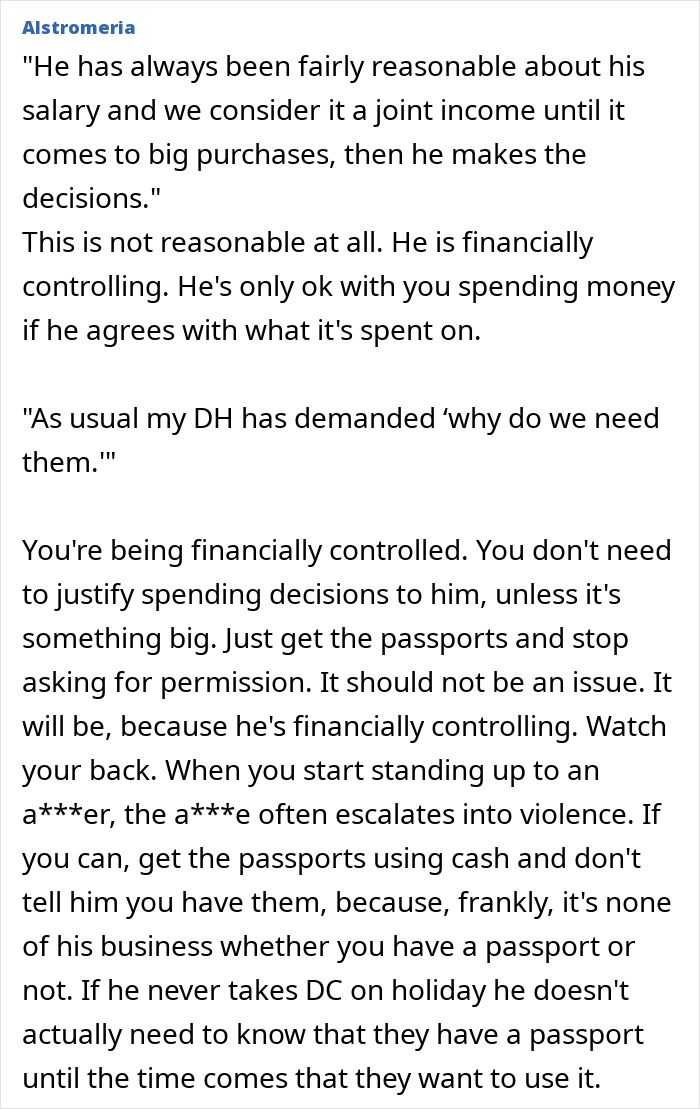 Text excerpt discussing financial control over wife and kids passports and husband's refusal citing affordability issues - 36