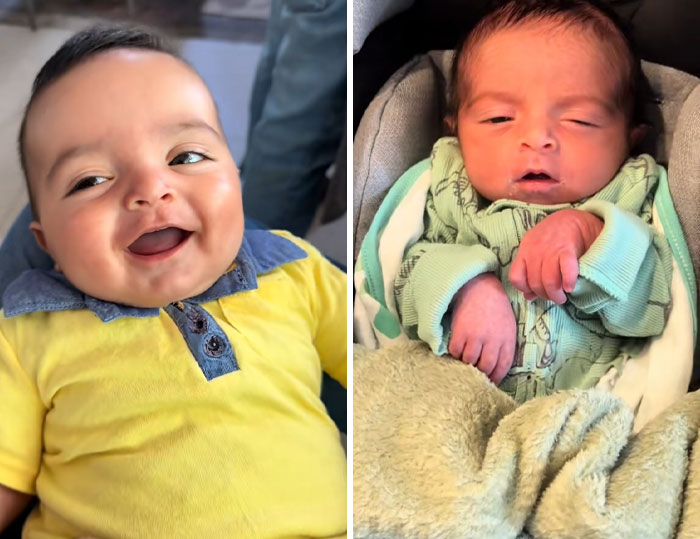 Side-by-side photos of a smiling baby and a newborn illustrating postpartum hormones and newborn appearance changes.