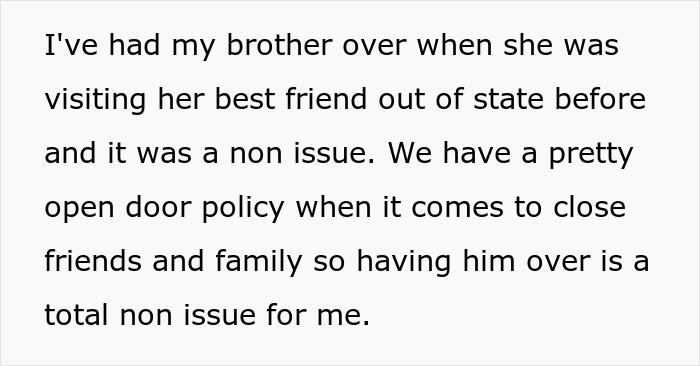 Text on a screen discussing having a brother over while girlfriend visited her best friend, with a focus on best friend saw girlfriend another man.