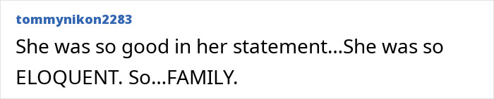 Text post from user tommynikon2283 with statement praising the eloquence of Kaylee Goncalves’ sister in court. - 9