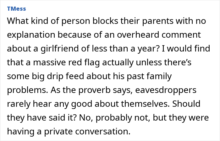 Text discussing a woman shocked after overhearing boyfriend&rsquo;s parents talking, causing tension with his family.