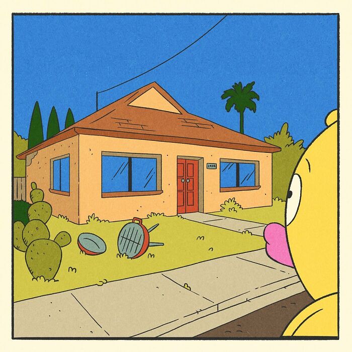 Bodybuilding duck locking a pink bicycle on a suburban street in a comic style with bright colors and clear sky background.