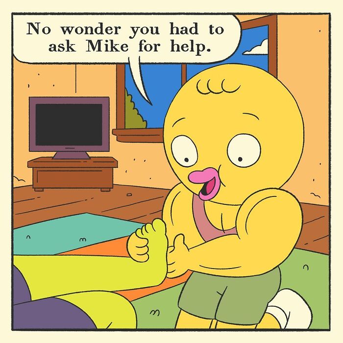 Comic panel showing a close-up of two characters holding hands, illustrating the bodybuilding duck with a soft heart theme.