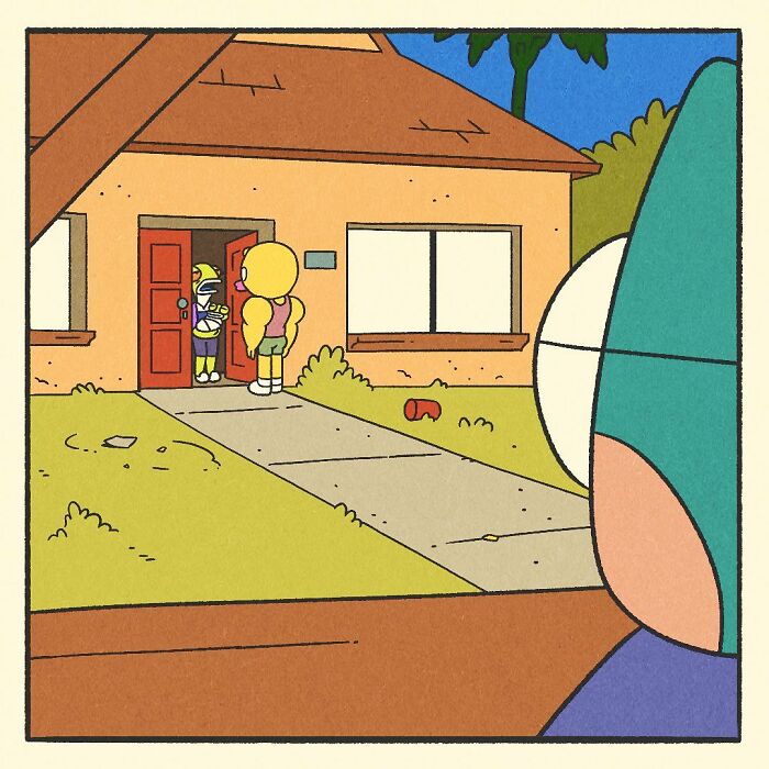 Colorful comic scene showing a cartoon duck character driving a red car past a house with a backyard grill overturned.