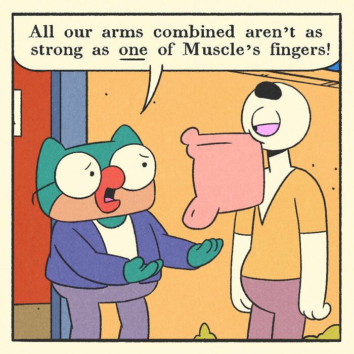 Cartoon comic featuring a bodybuilding duck character with a soft heart standing by a door with no entry sign.