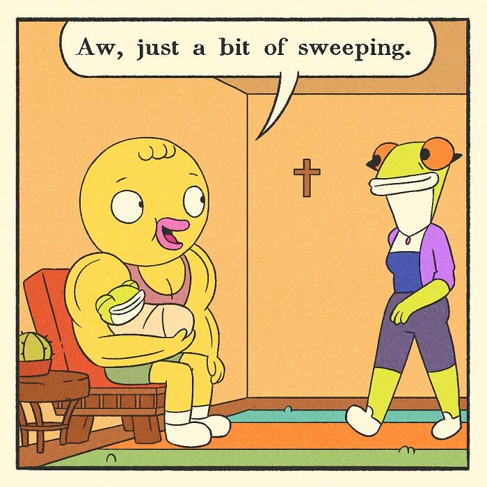 Comic illustration of a bodybuilding duck with a soft heart gently holding a small bird in a cozy living room.