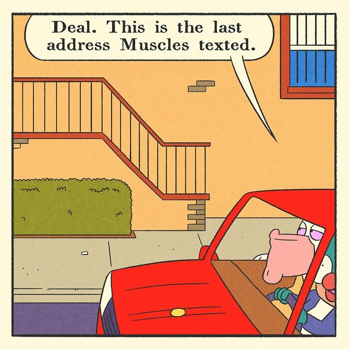 Bodybuilding duck with a soft heart and a worried cat character sitting in a car, expressing they make a bad team.