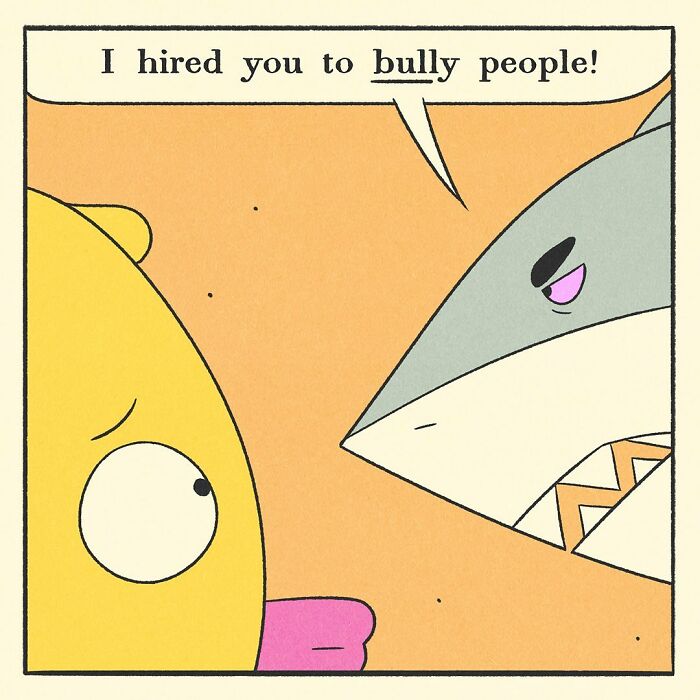 Comic panel featuring a shark character saying a harsh line, part of a bodybuilding duck comic with a soft heart theme.