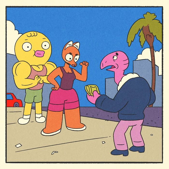 Bodybuilding duck with muscular arms standing next to an orange fox and a frog holding money outside a barbed wire fence.