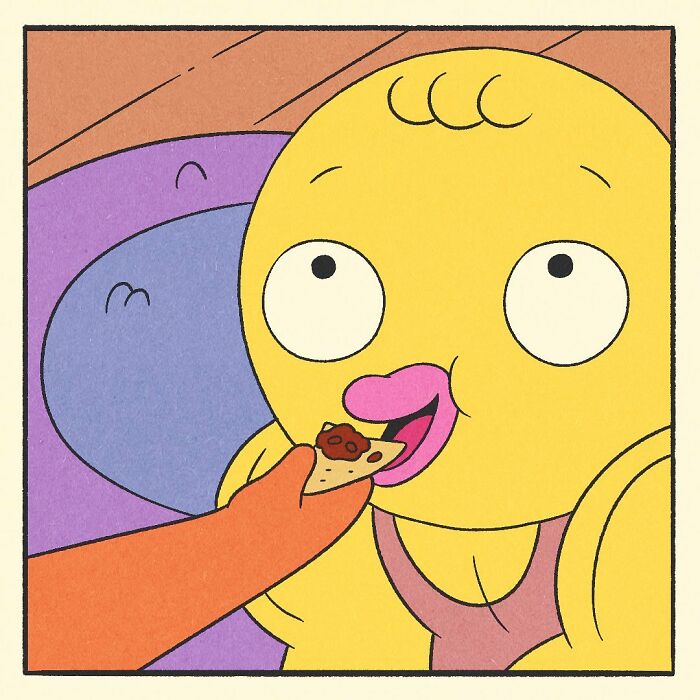 Muscular yellow duck gently massaging the foot of a relaxed fox character in a colorful comic scene.
