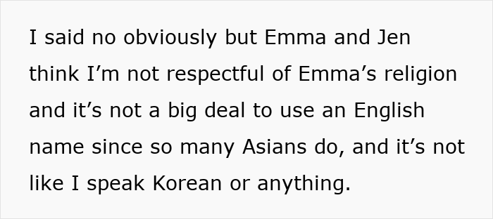 Text discussing a Korean woman asked to use an English name, highlighting issues of borderline racism in the workplace. Text discussing a Korean woman asked to use an English name, highlighting issues of borderline racism in the workplace.