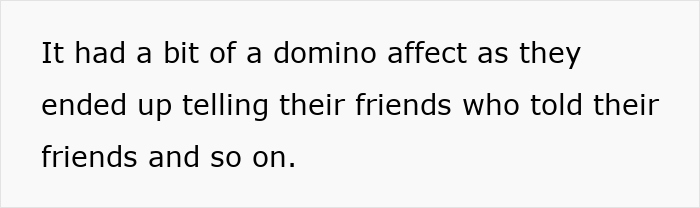 Text on a white background discussing a domino effect related to family and blacklisted local babysitters sharing information.
