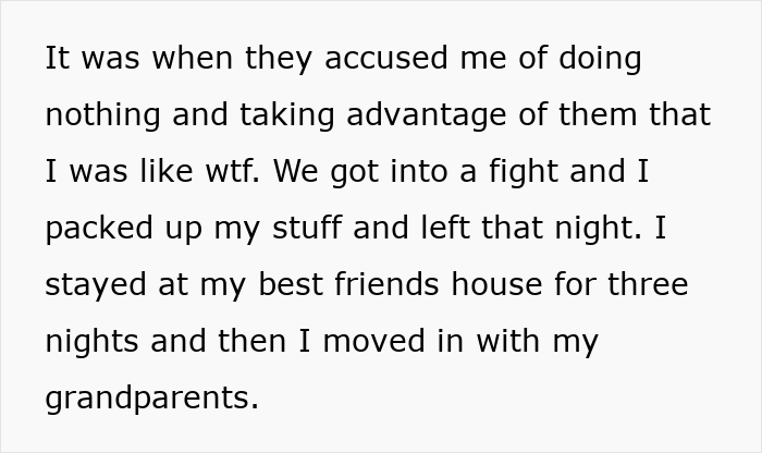 Text excerpt showing an 18-year-old describing leaving toxic parents and moving in with grandparents after a fight. Text excerpt showing an 18-year-old describing leaving toxic parents and moving in with grandparents after a fight.