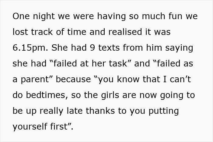 Text excerpt about a friend receiving abusive messages highlighting struggles in an abusive marriage and impacted parenting.